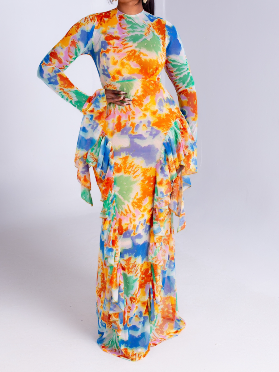 Printed Mesh Maxi Dress