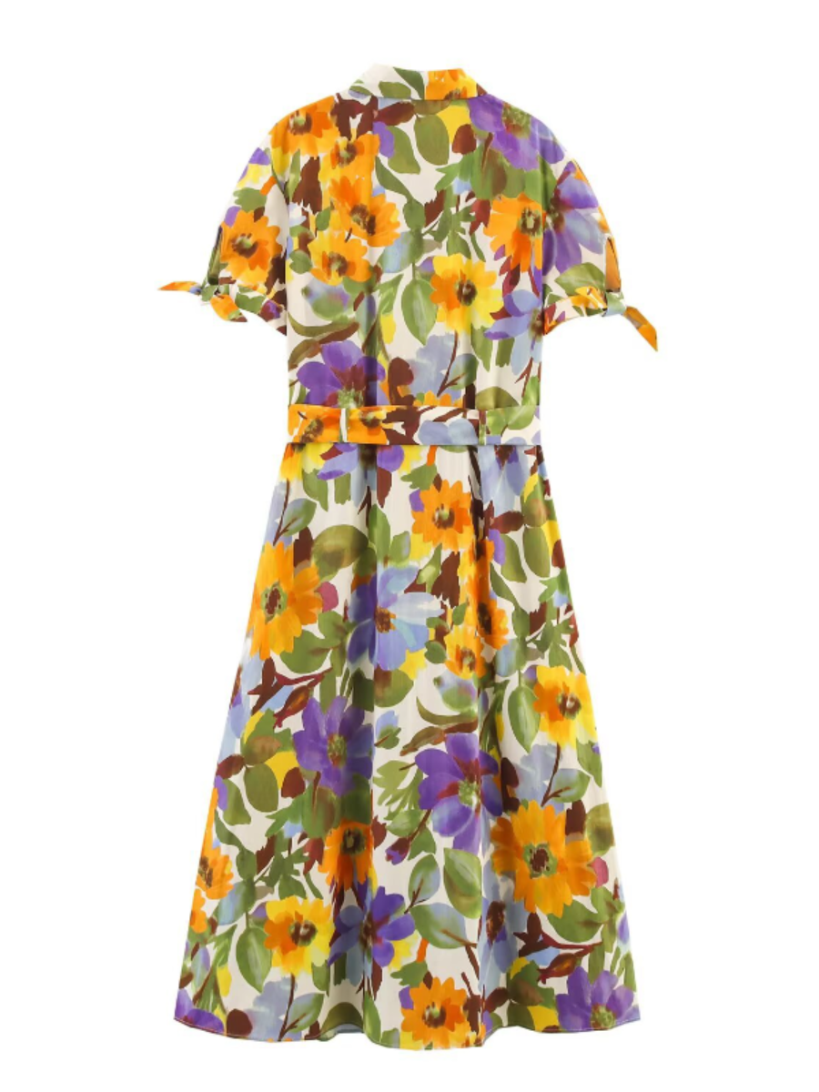 Floral Print Short Sleeve Belted Dress