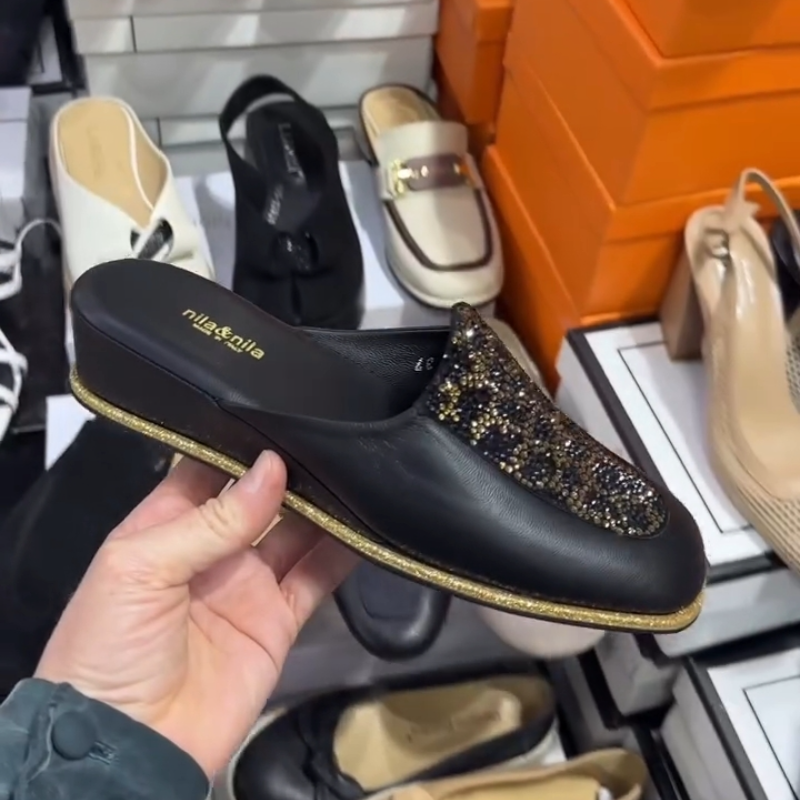 Black Leather Glitter Half Slippers