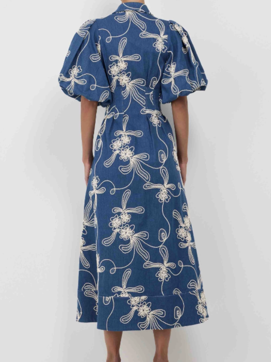 Elegant Embroidered Denim Waisted Dress