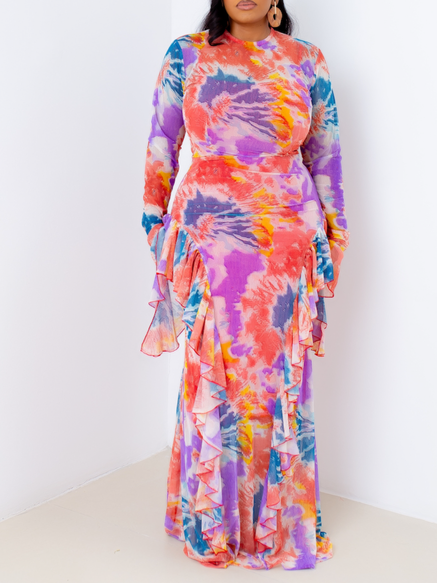 Printed Mesh Maxi Dress