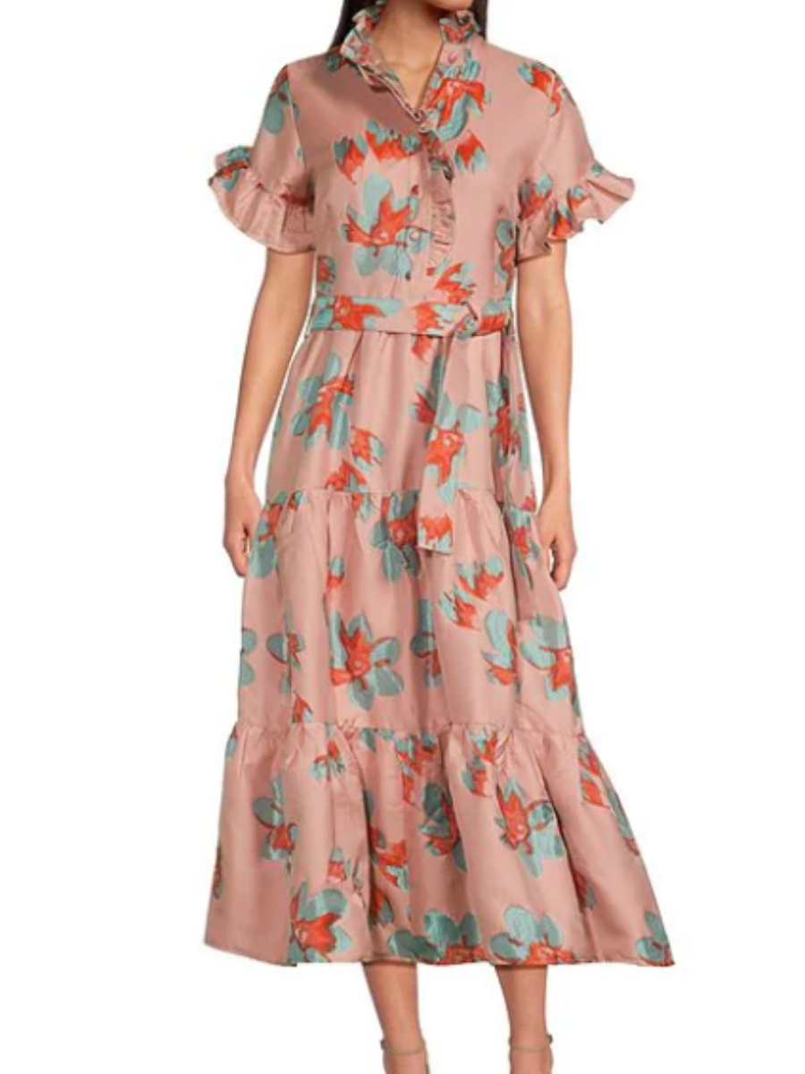 Ruffle Sleeve Jacquard Midi Dress