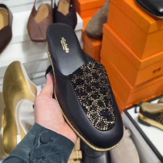 Black Leather Glitter Half Slippers