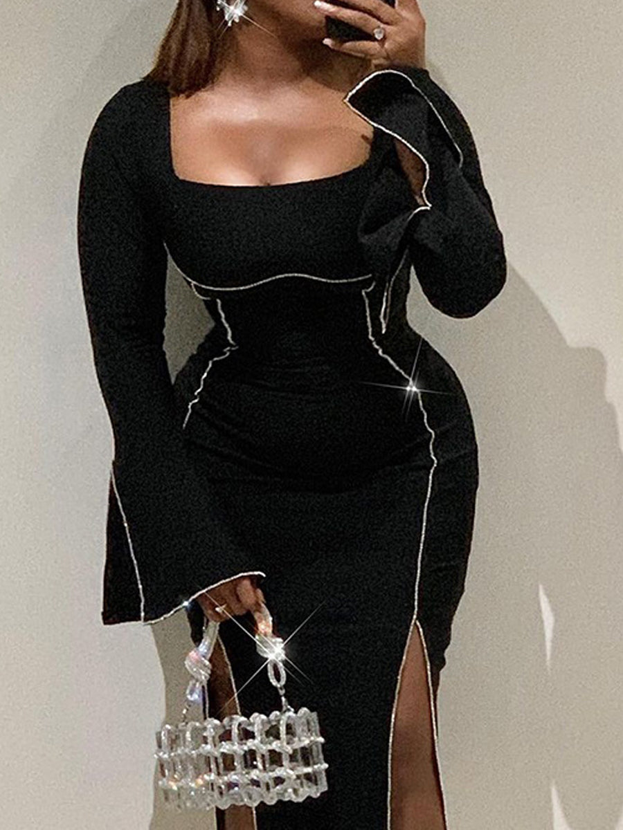 Knitted Long Sleeve Sexy Split Hot Drilling Dress