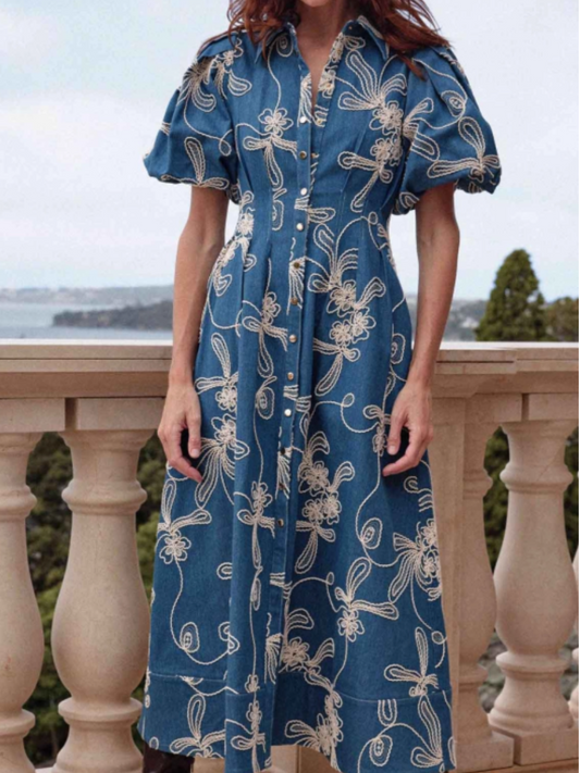 Elegant Embroidered Denim Waisted Dress