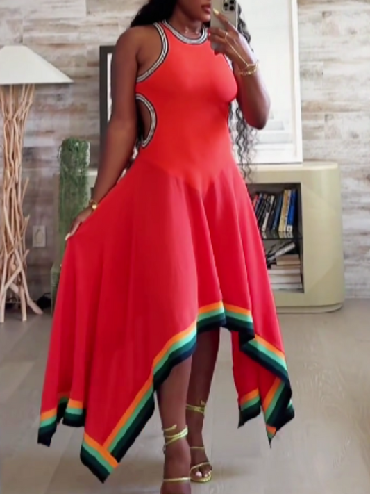 Crewneck Sleeveless Color Contrast Dress