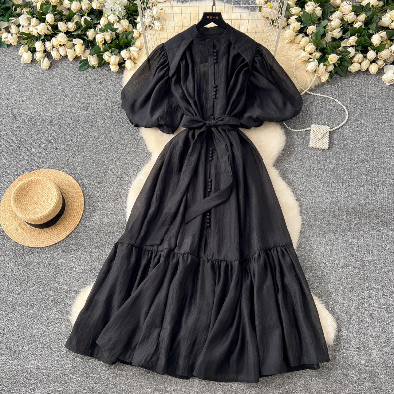 Lantern Sleeve Strap Tight Waist Single-breasted Dress