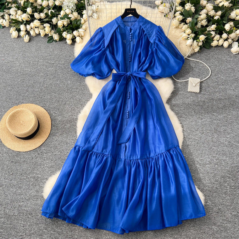 Lantern Sleeve Strap Tight Waist Single-breasted Dress