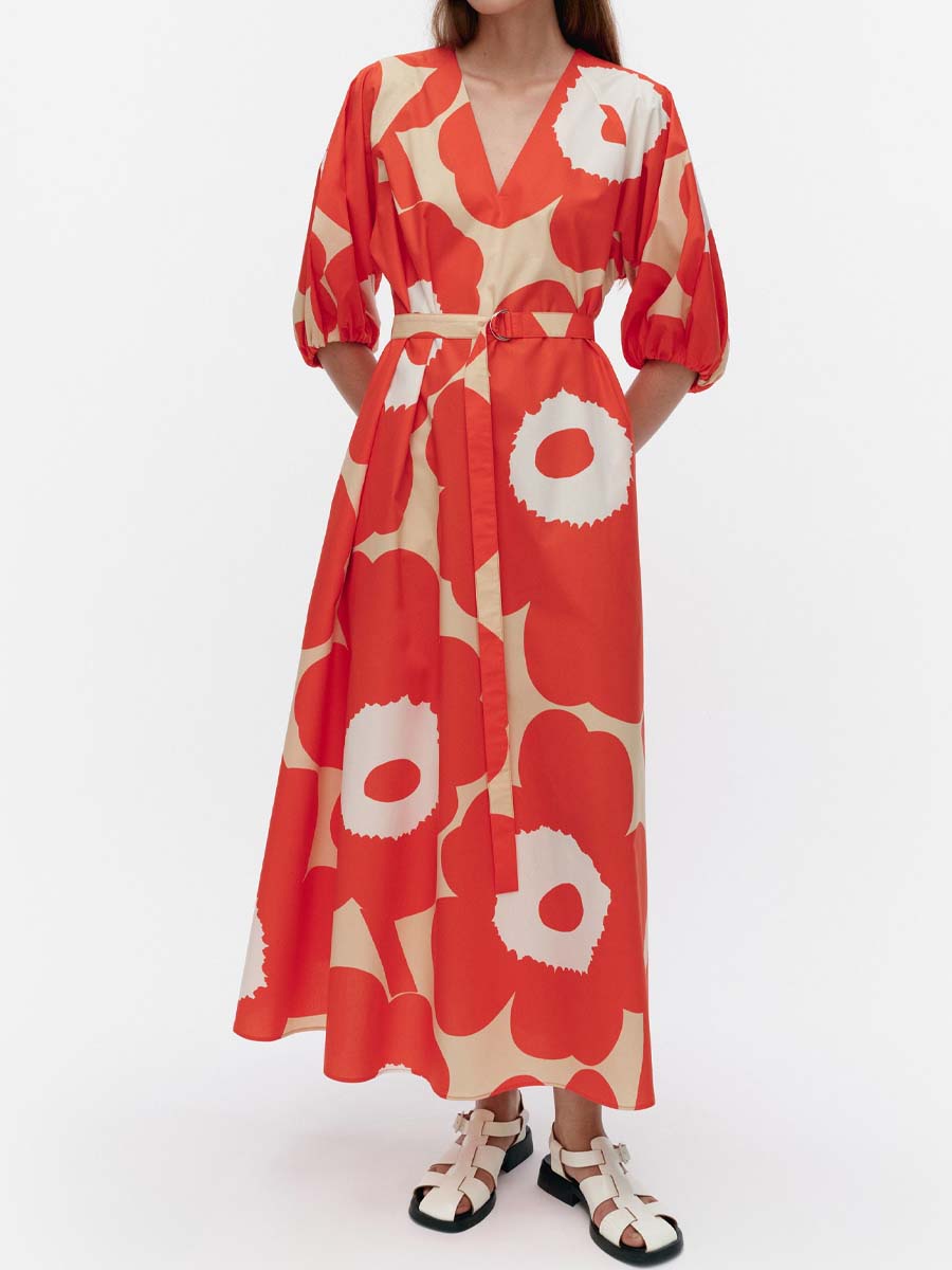 Printed V Neck Puff Sleeve Dress