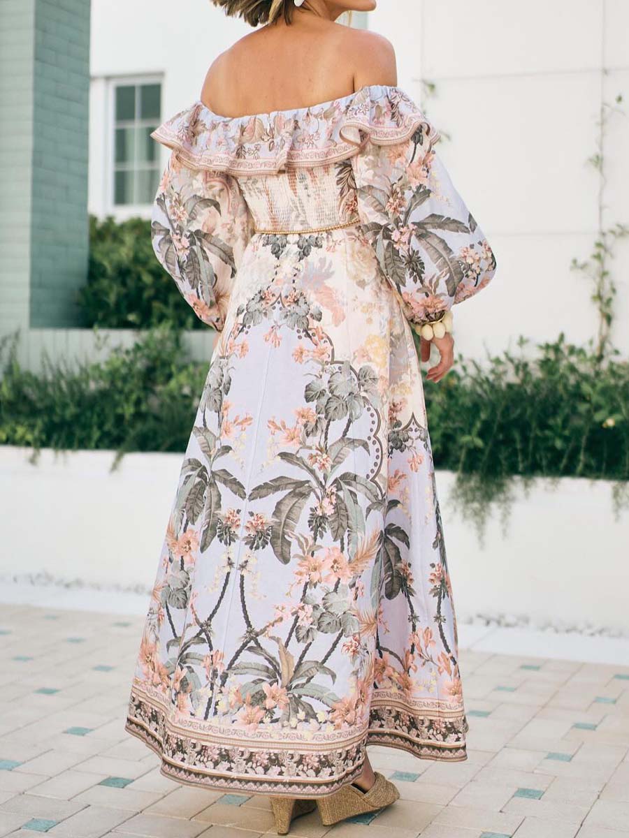 Printed Sexy Off Shoulder Lantern Sleeve Dress