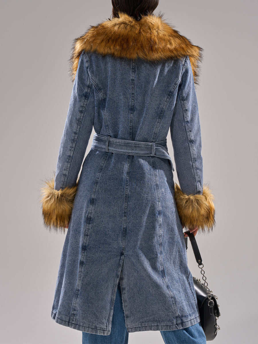 Wide Faux Fur Collar Denim Trench