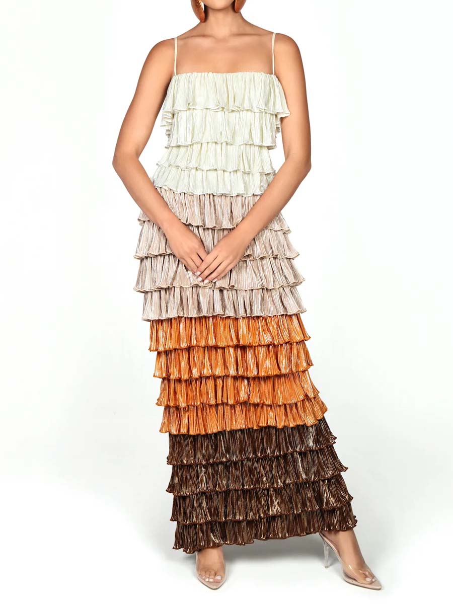 Spaghetti Straps Ruffled Trim Maxi Dress