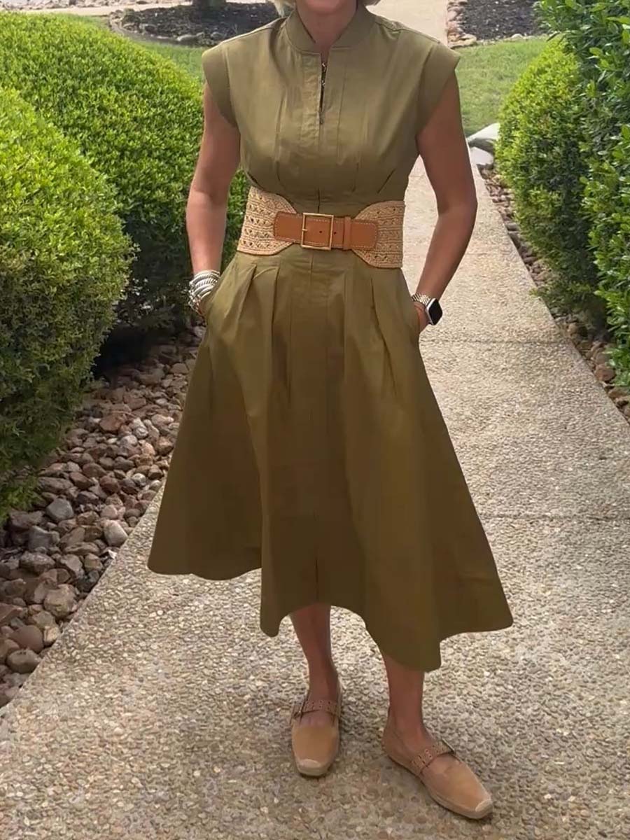 Zip Up Pleated Midi Dress