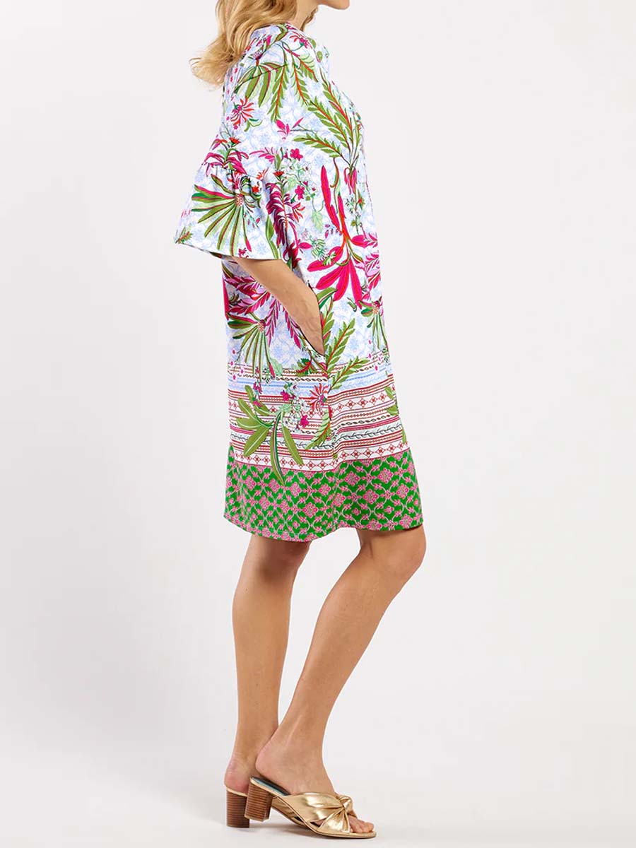 Split Neck Printed Flutter Sleeve Dress