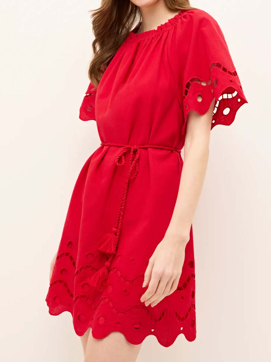 Elastic Neck Embroidered Eyelet Mini Dress