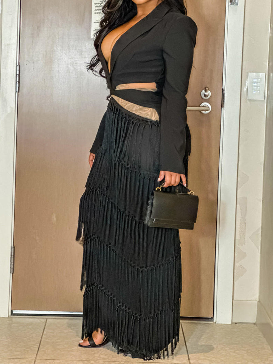 Fringed Cutout Blazer Maxi Dress
