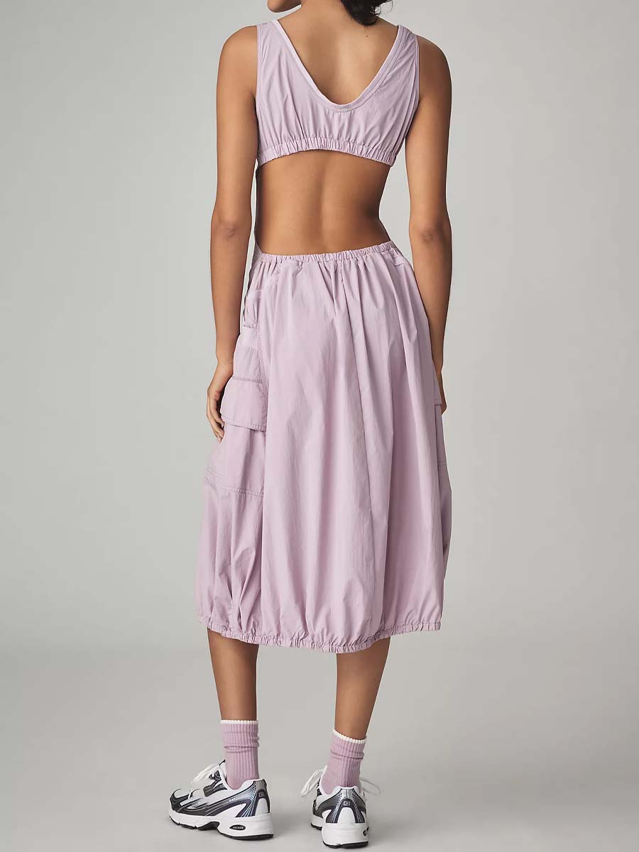 Scoop Neck Pockets Bubble-hem Midi Dress