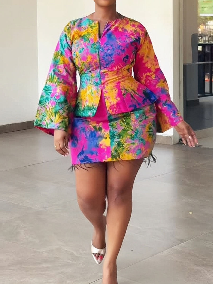Tie-dye Flared Sleeve Two Pieces Dress