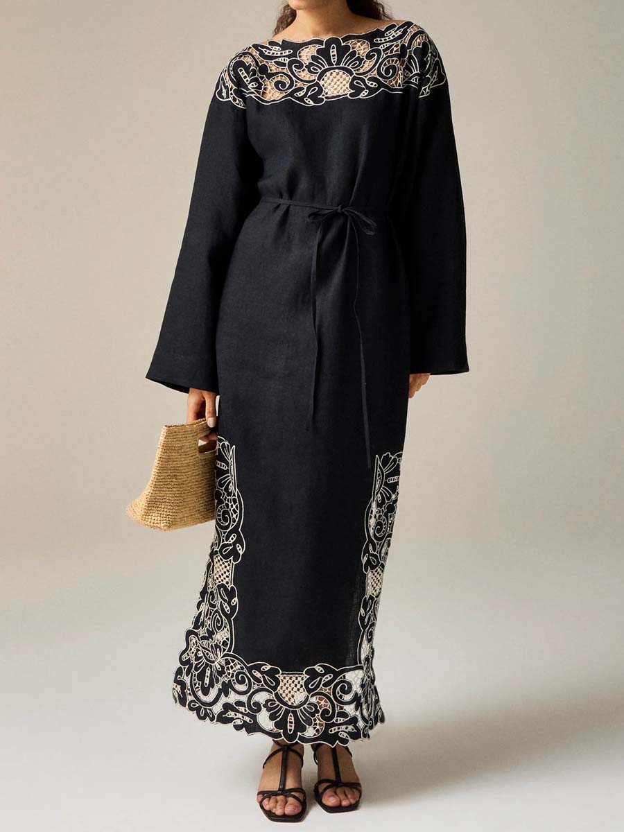 Lace Patchwork Drawstring Waist Maxi Dress