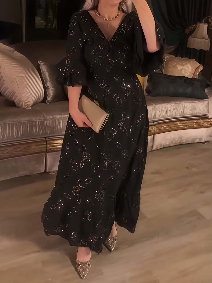 Sequined V-neck Horn Sleeve Ruffled Dress