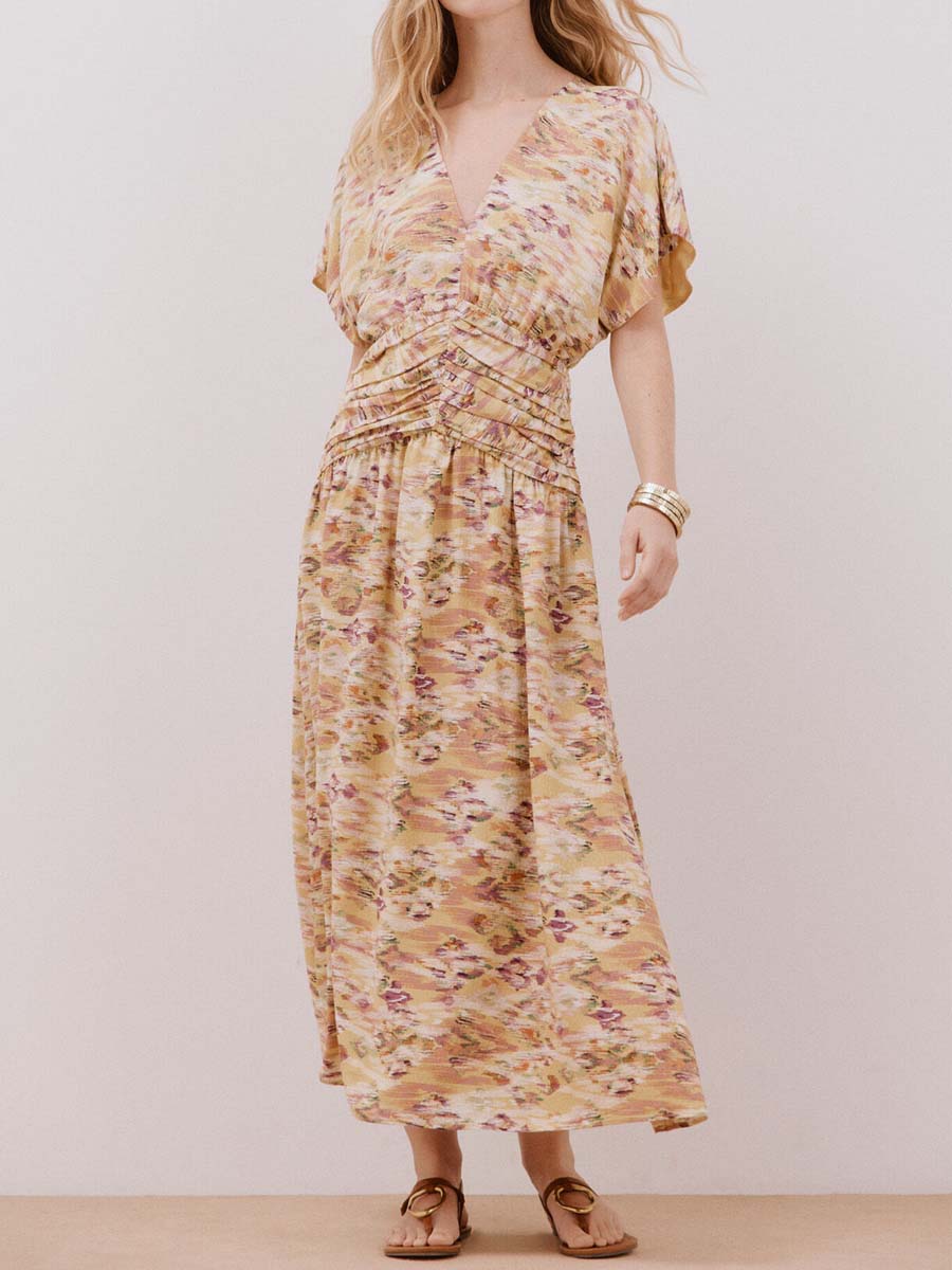 Printed V Neck Pleated Dress