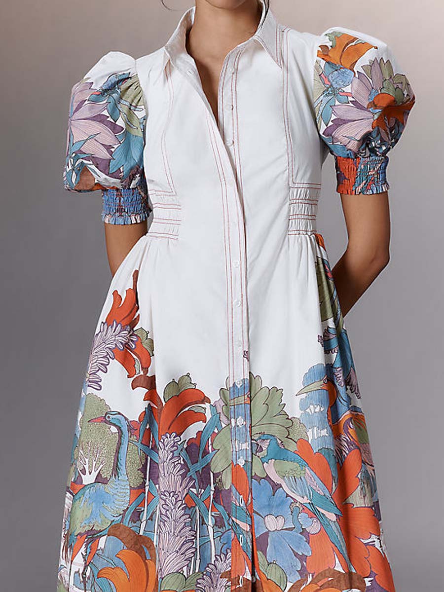 Printed Puff-sleeve Smocked Shirtdress