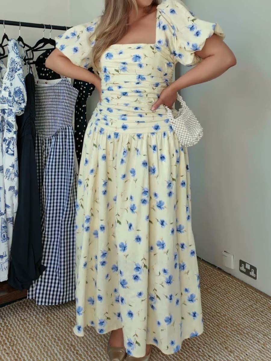 Printed Puff Sleeve Square Collar Dress