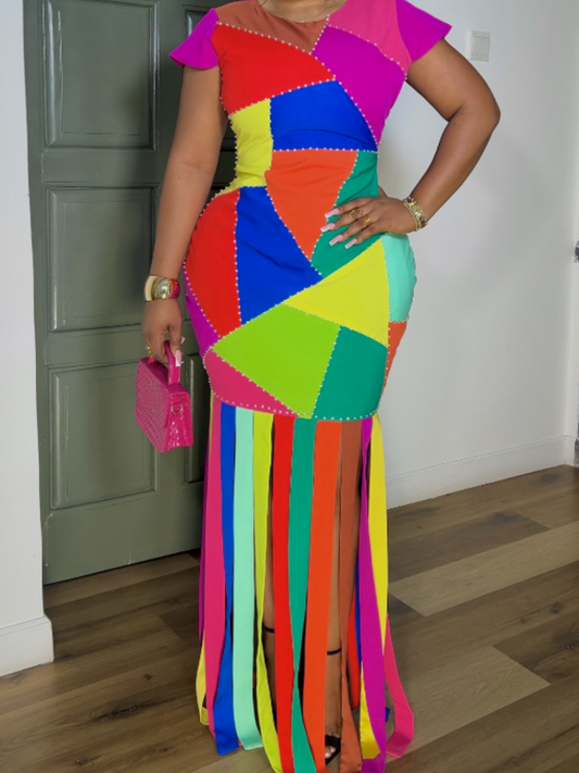 Color Block Stitching Tassel Dress