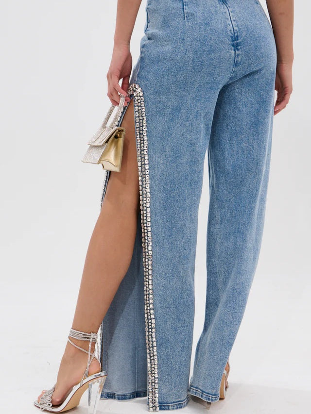 Popping Out Rhinestone Denim Blouse+Rhinestone Denim Pant