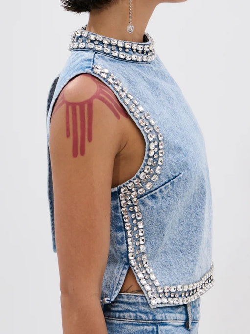 Popping Out Rhinestone Denim Blouse+Rhinestone Denim Pant