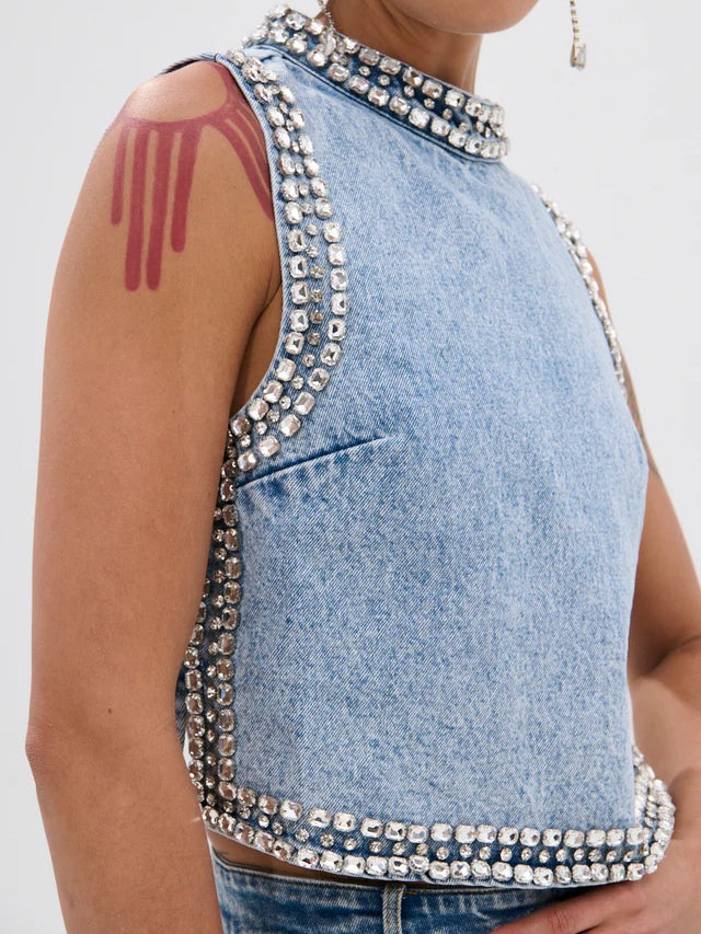 Popping Out Rhinestone Denim Blouse+Rhinestone Denim Pant