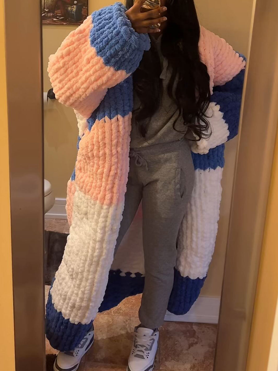 Oversized Balloon Sleeves Color Block Cardigan