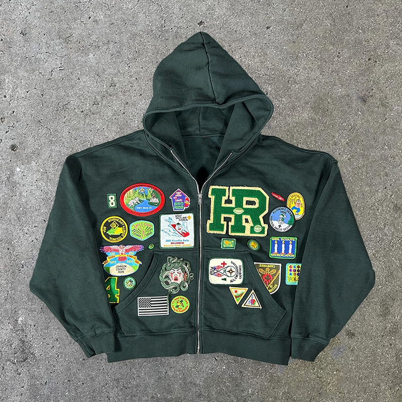 Casual Preppy Style Badge Zip-up Hoodie