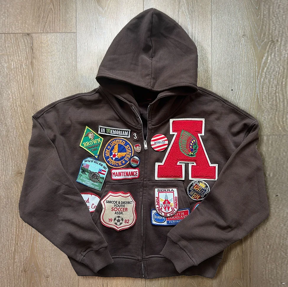Casual Preppy Style Badge Zip-up Hoodie