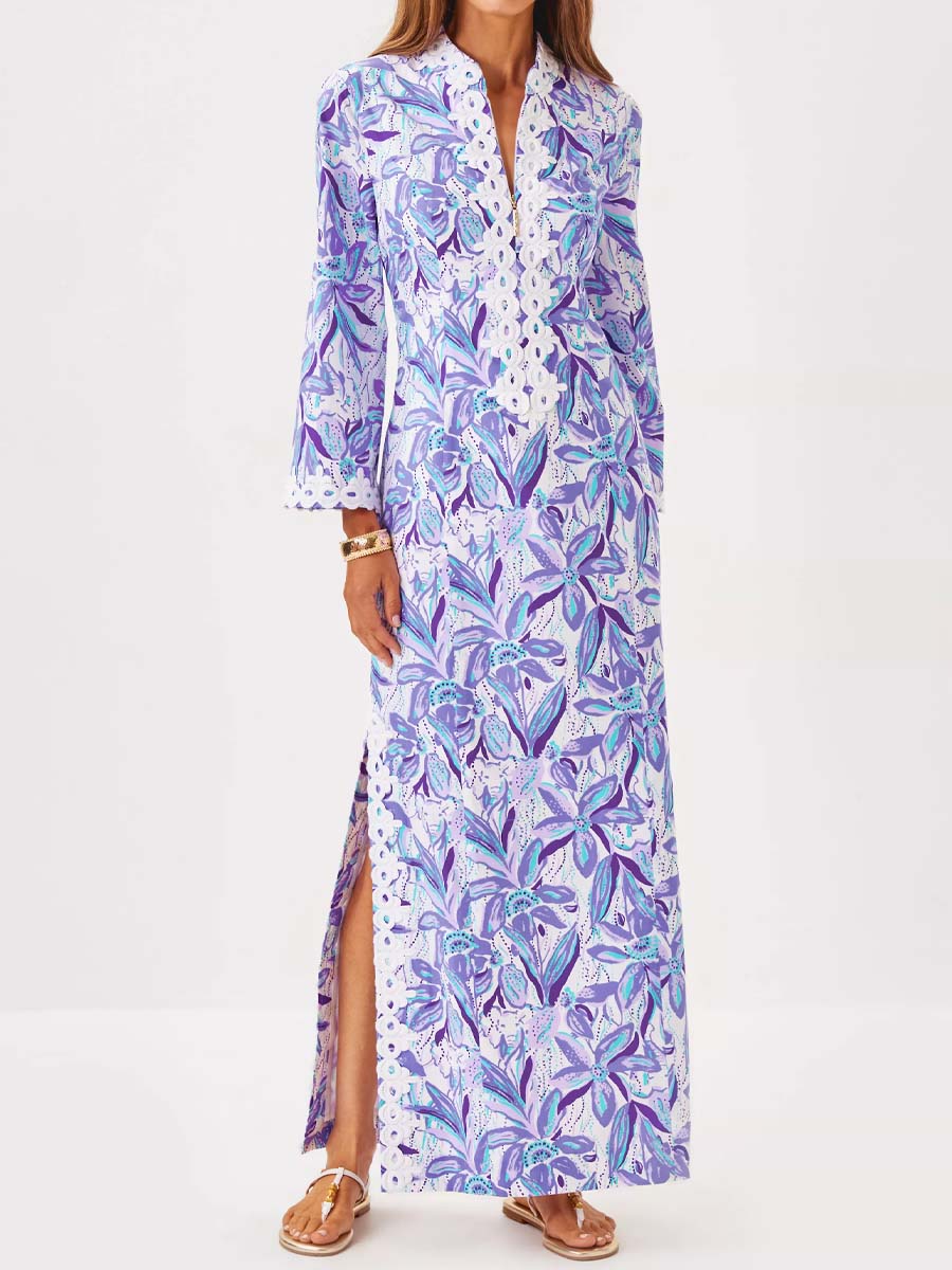 Printed Slit Hem Lace Maxi Dress