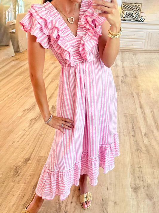 Striped Ruffle V Neck Maxi Dress