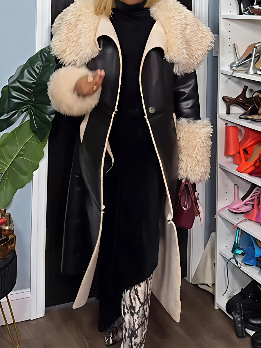 Faux Leather Faux Sherpa Trim Trench Coat