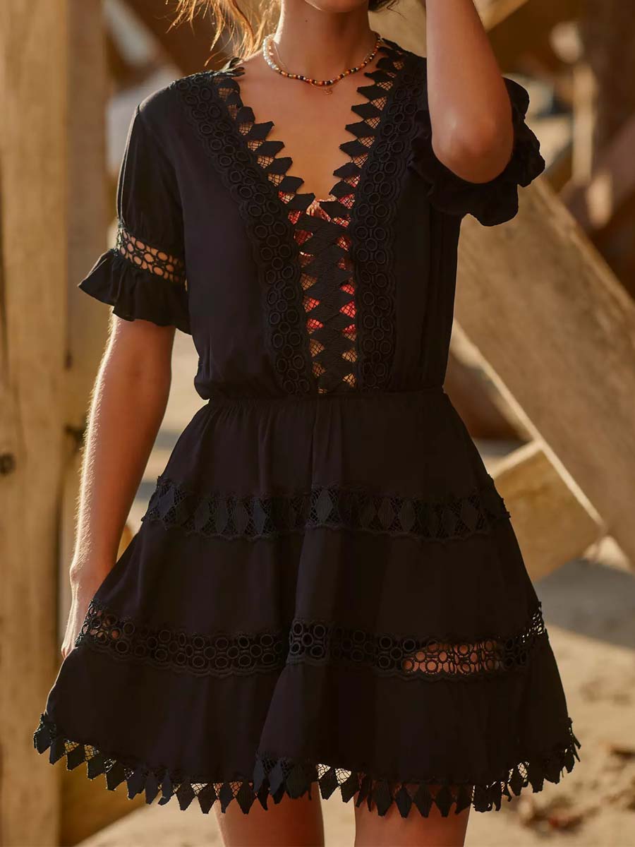 Embroidered Lace Cover-Up Mini Dress