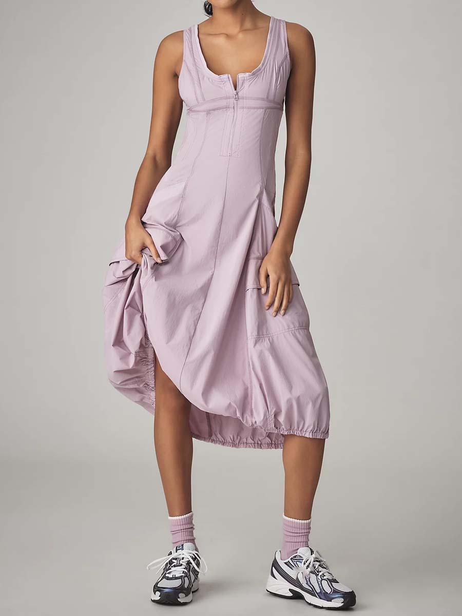 Scoop Neck Pockets Bubble-hem Midi Dress