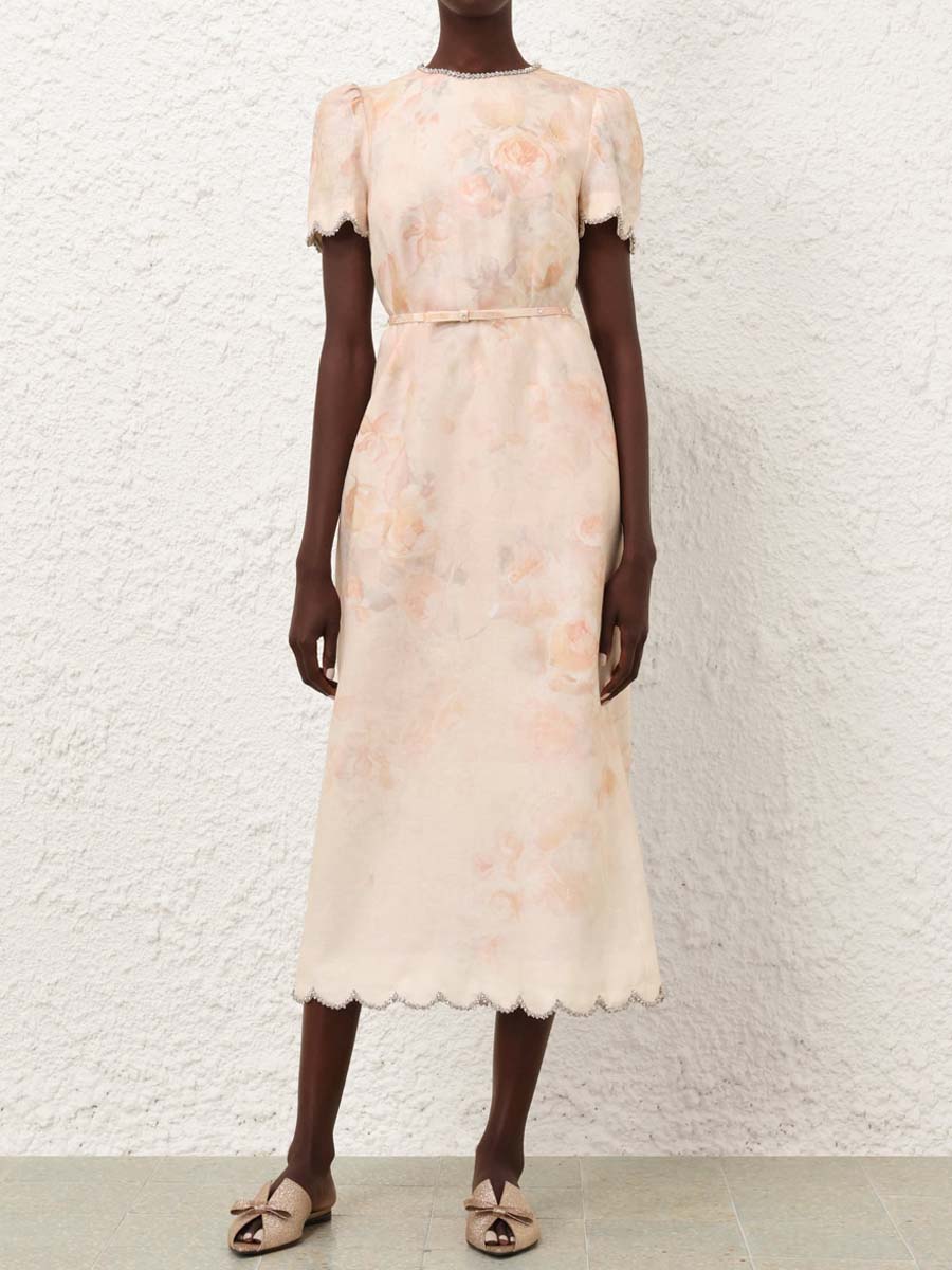 Placement Print Crystal Trims Midi Dress