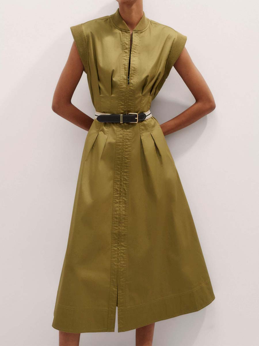 Zip Up Pleated Midi Dress