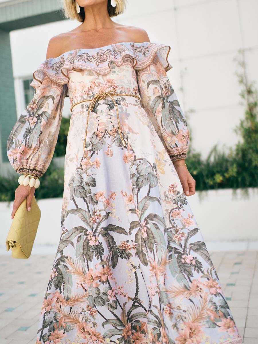 Printed Sexy Off Shoulder Lantern Sleeve Dress