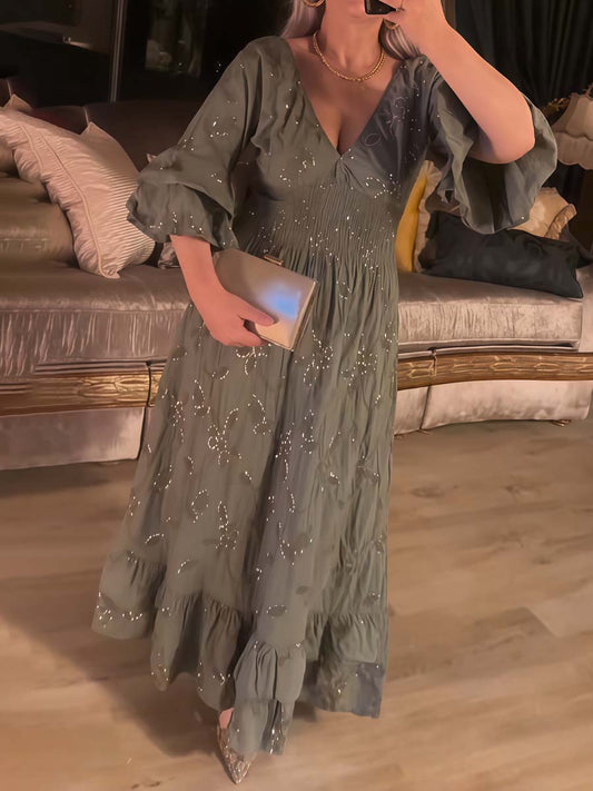 Sequined V-neck Horn Sleeve Ruffled Dress