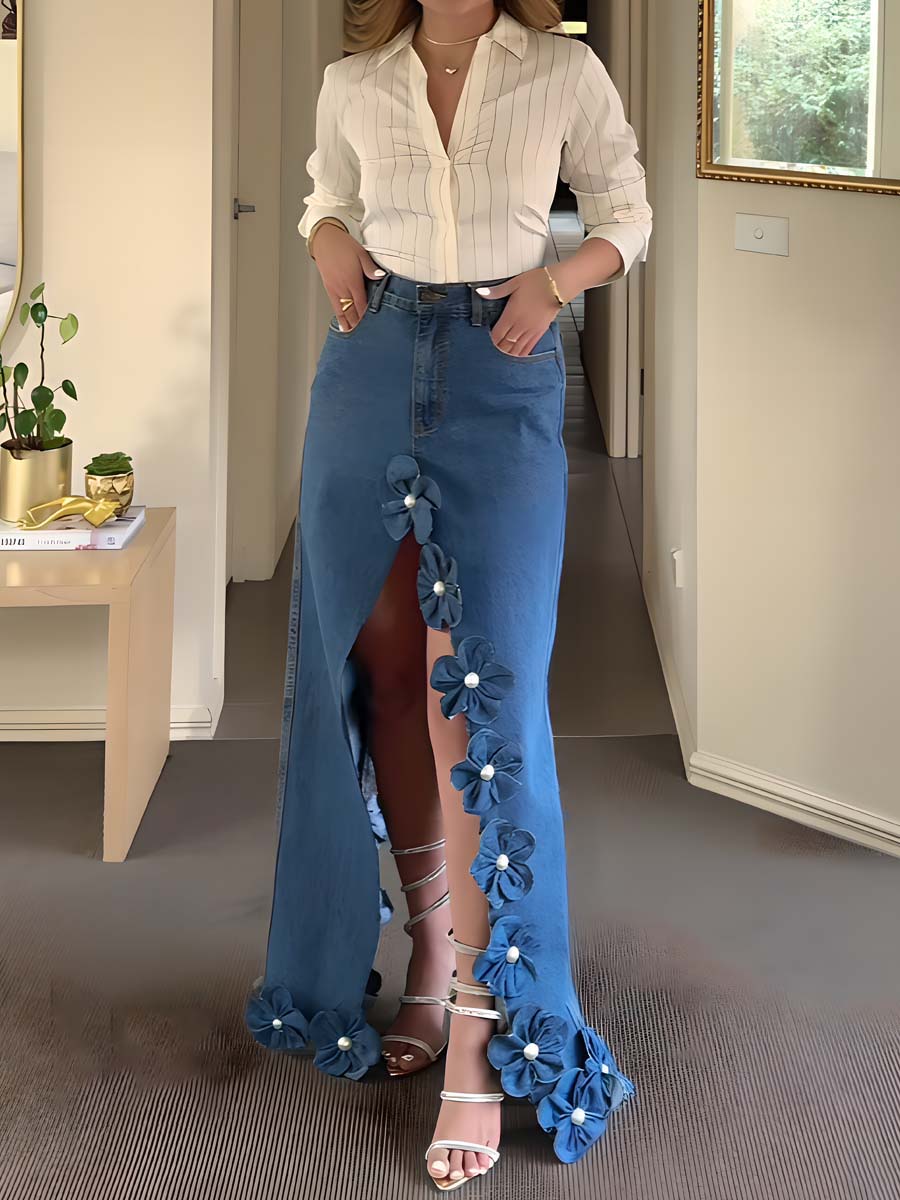3D Flower Asymmetric Hem Denim Maxi Skirt