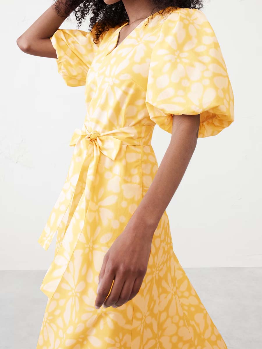 Floral Print V Neck Puff Sleeve Belted Dress