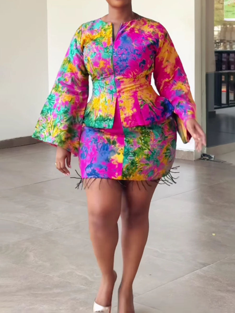 Tie-dye Flared Sleeve Two Pieces Dress