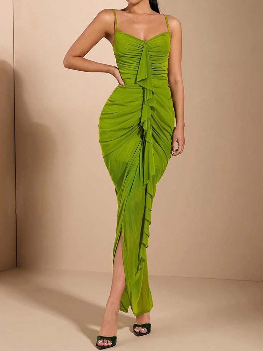 Ruffle Ruched Draped Split Maxi Dress