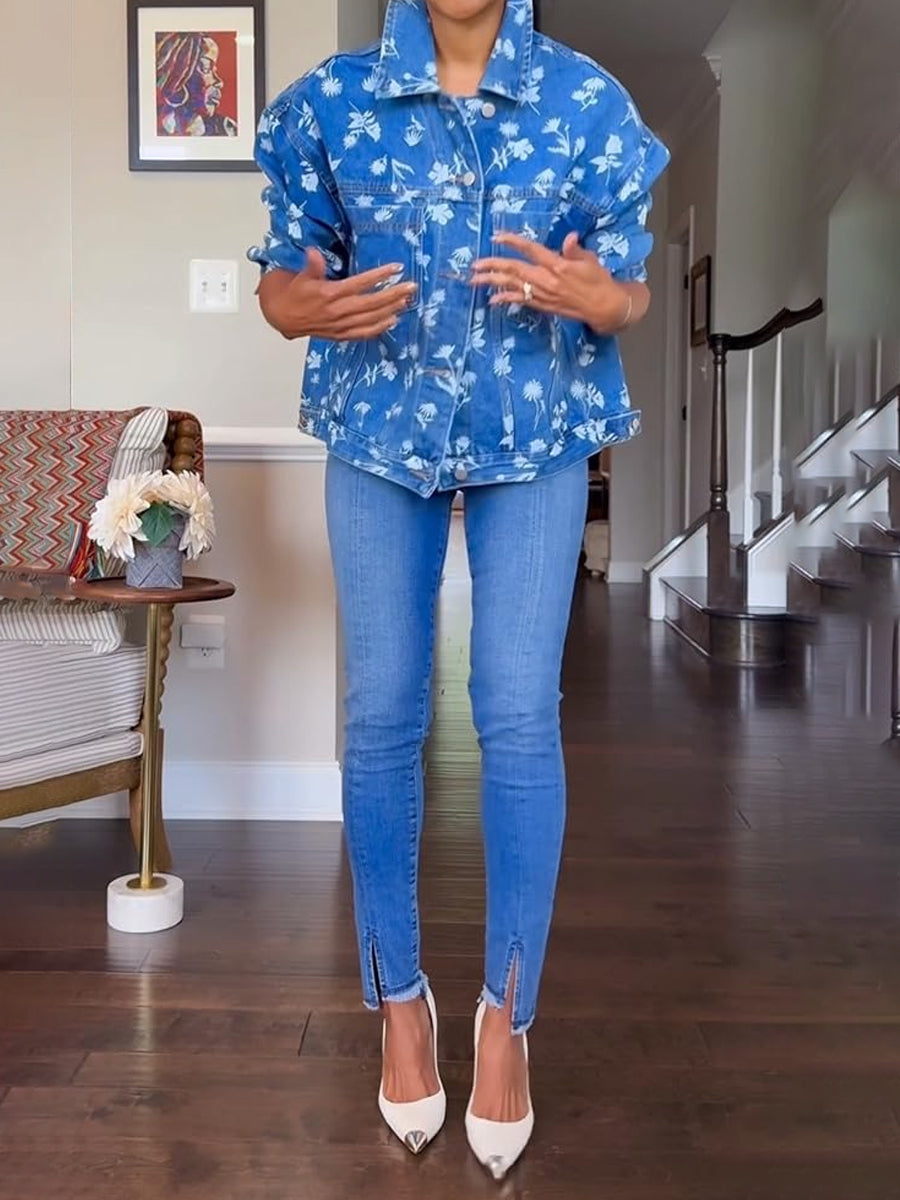 Printed Oversized Button Down Denim Jacket