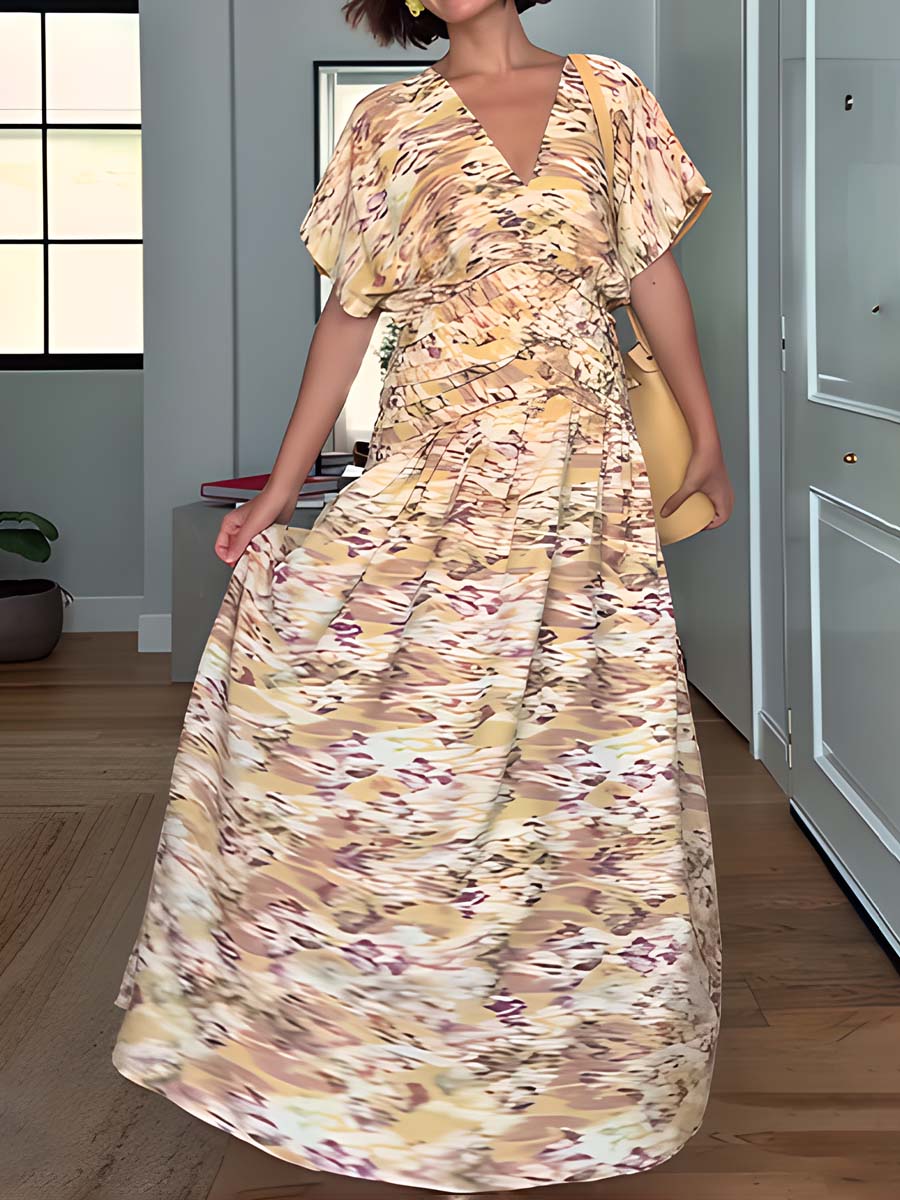 Printed V Neck Pleated Dress