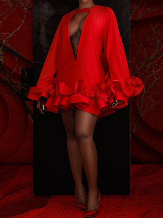 Flouced Deep V Neck Mini Dress